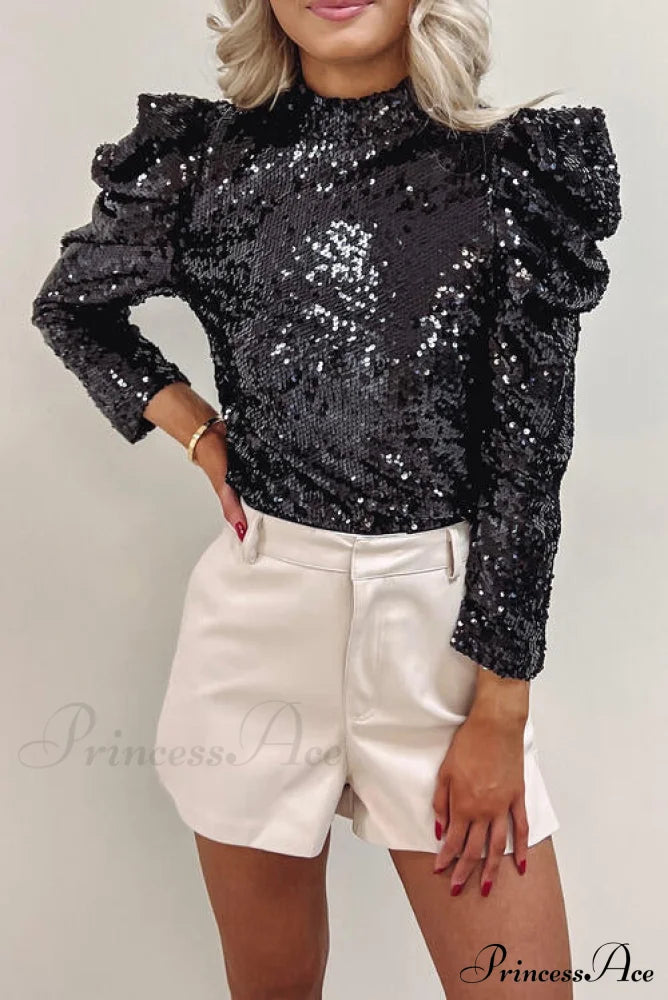 Sequin Top Neck Mock With Leg-Of-Mutton Sleeves