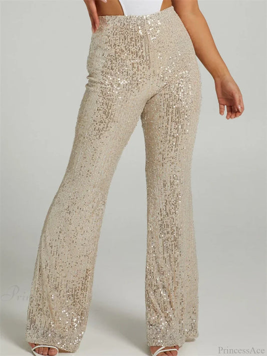 Sequined High Waist Slim Fit Flare Club Pant Beige / S pant-250223