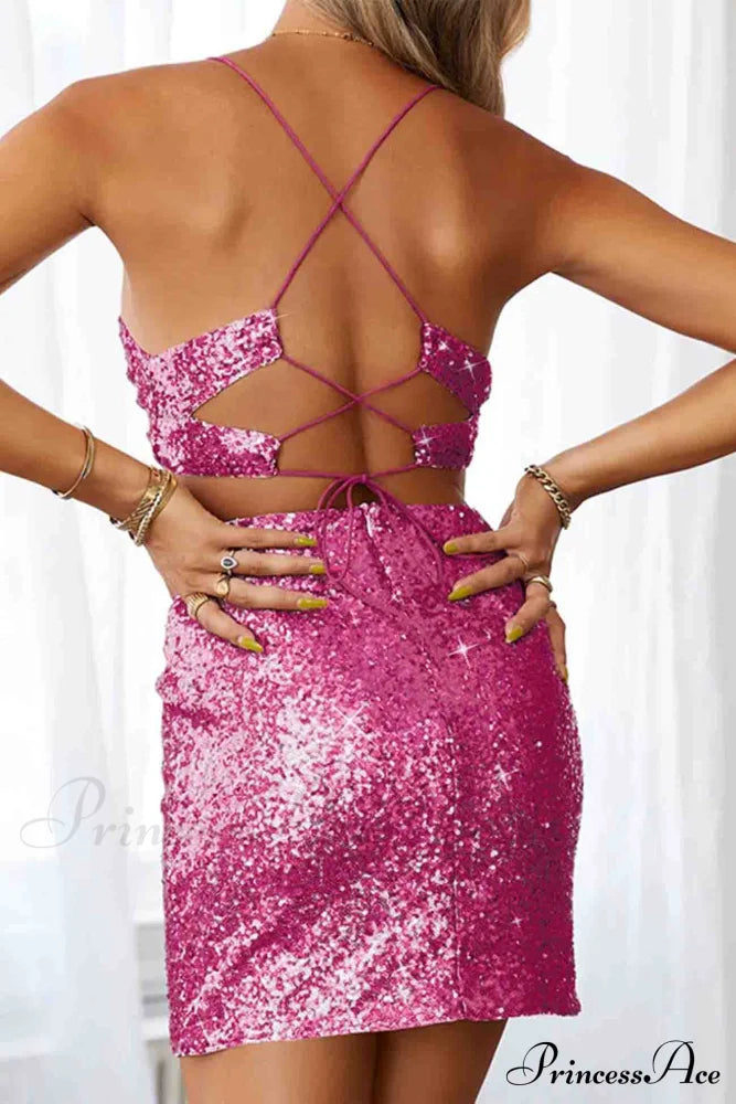 Sequined V Neck Backless Cutout Dress Rose / M Mini Dresses