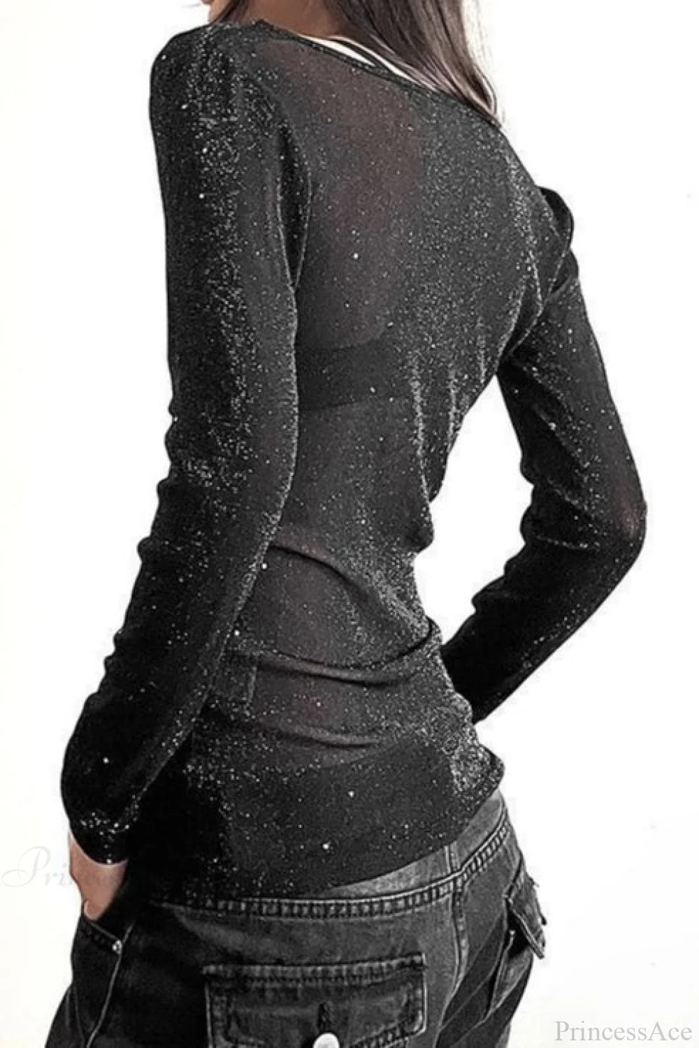 Sequined V-Neck Slim Elegant Long Sleeve Tee