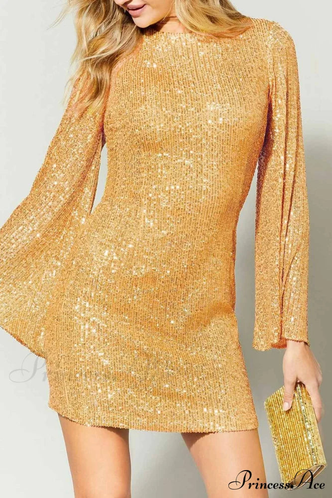 Sequins Flare Sleeve Dress Gold / M Mini Dresses