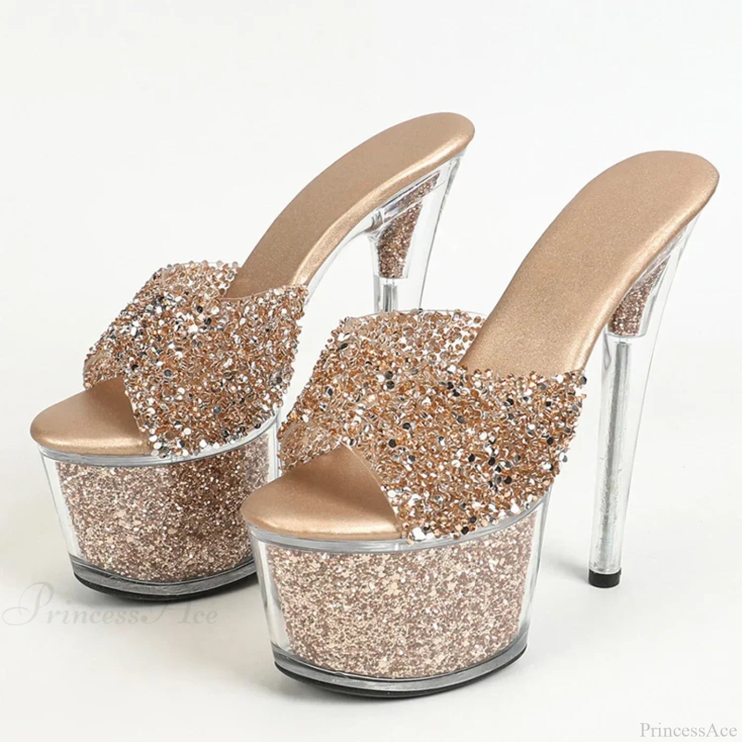 Sexy 20Cm Platform Sequined Transparent Summer Open-Toe Slippers High Heel Golden / 34