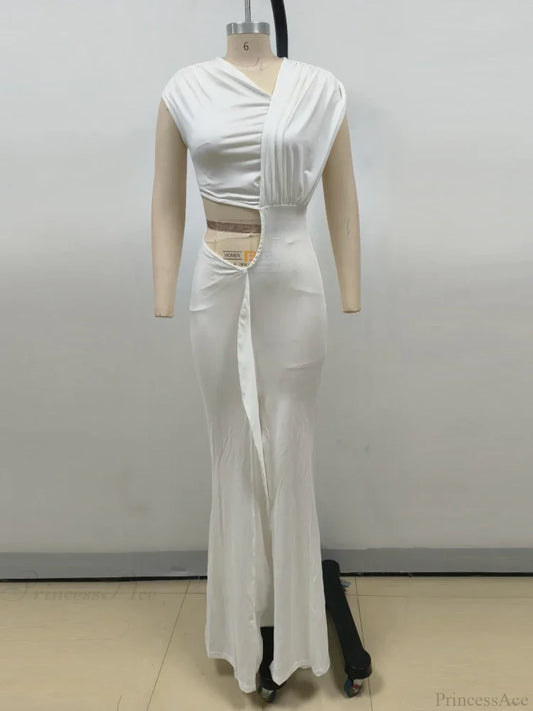 Sexy Asymmetrical Neck Hollow Out White Sleeveless Split Ruched Christmas Party Dress White / Xs