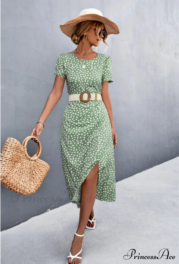 Sexy Backless Gravel Split Dress With Round Neck L / Green