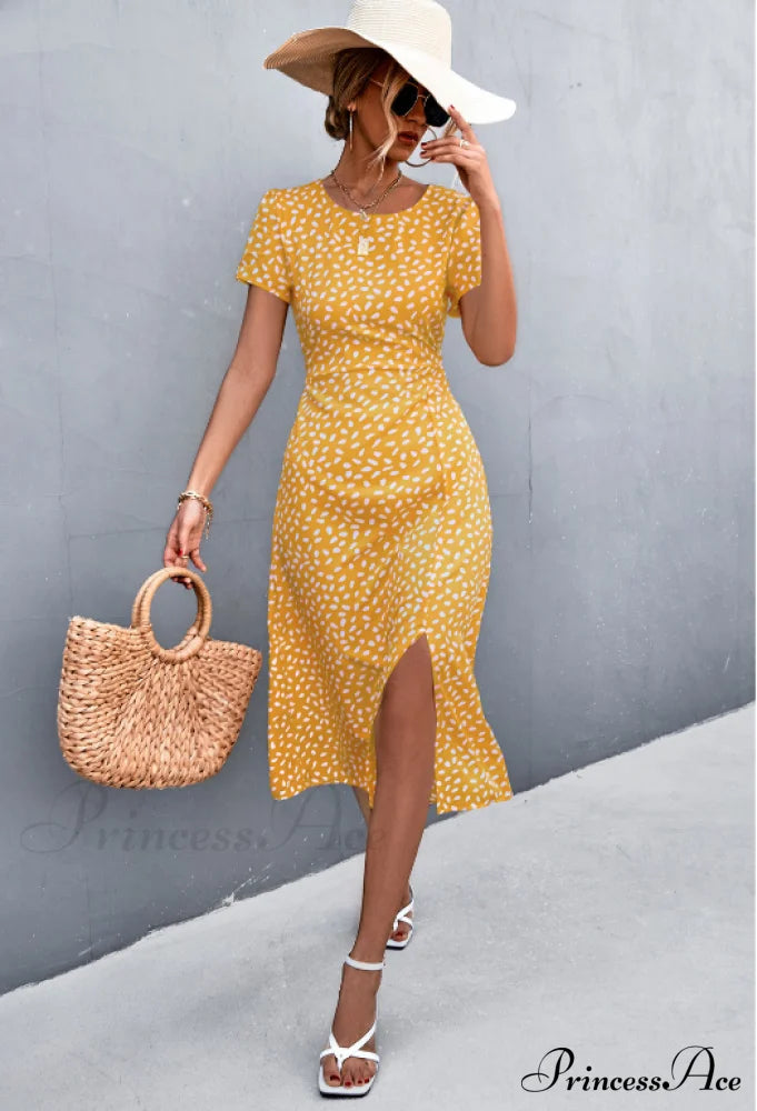 Sexy Backless Gravel Split Dress With Round Neck L / Yellow