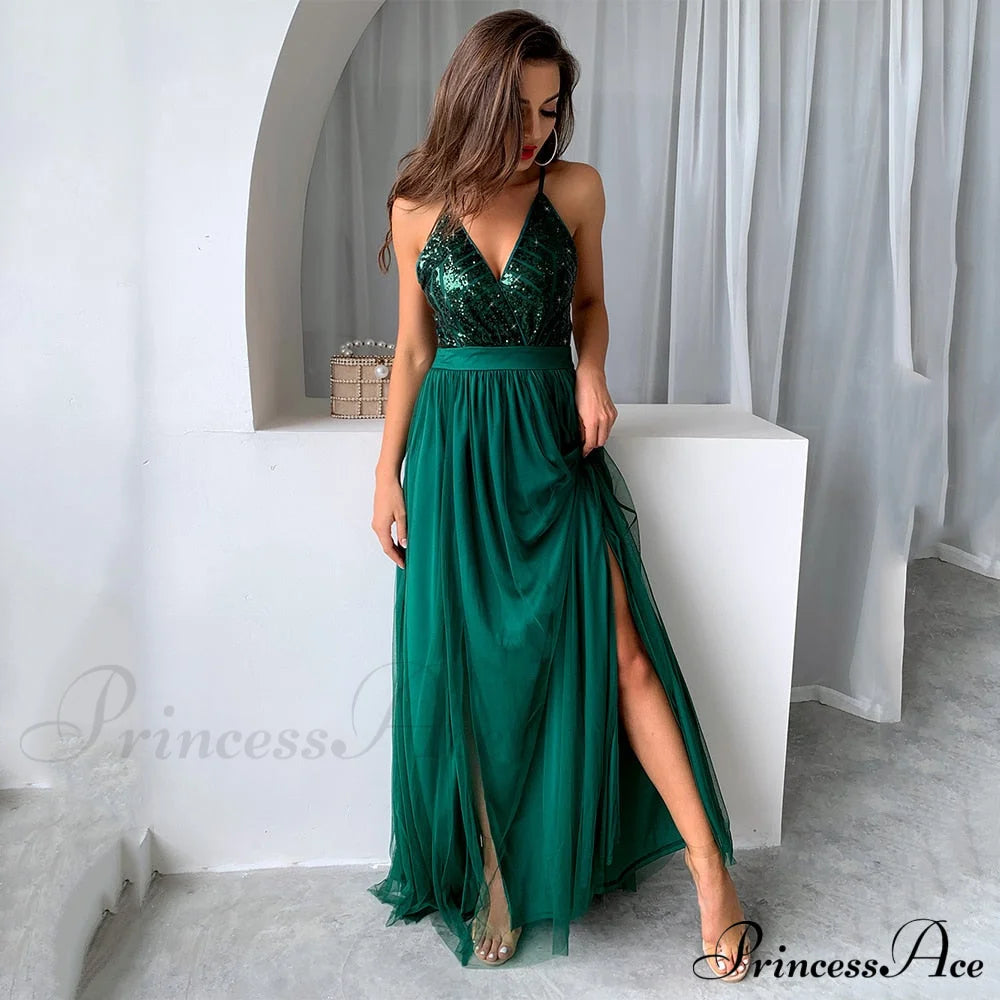 Sexy Backless Mesh Long Bodycon Christmas Evening Dresses Green / Xs