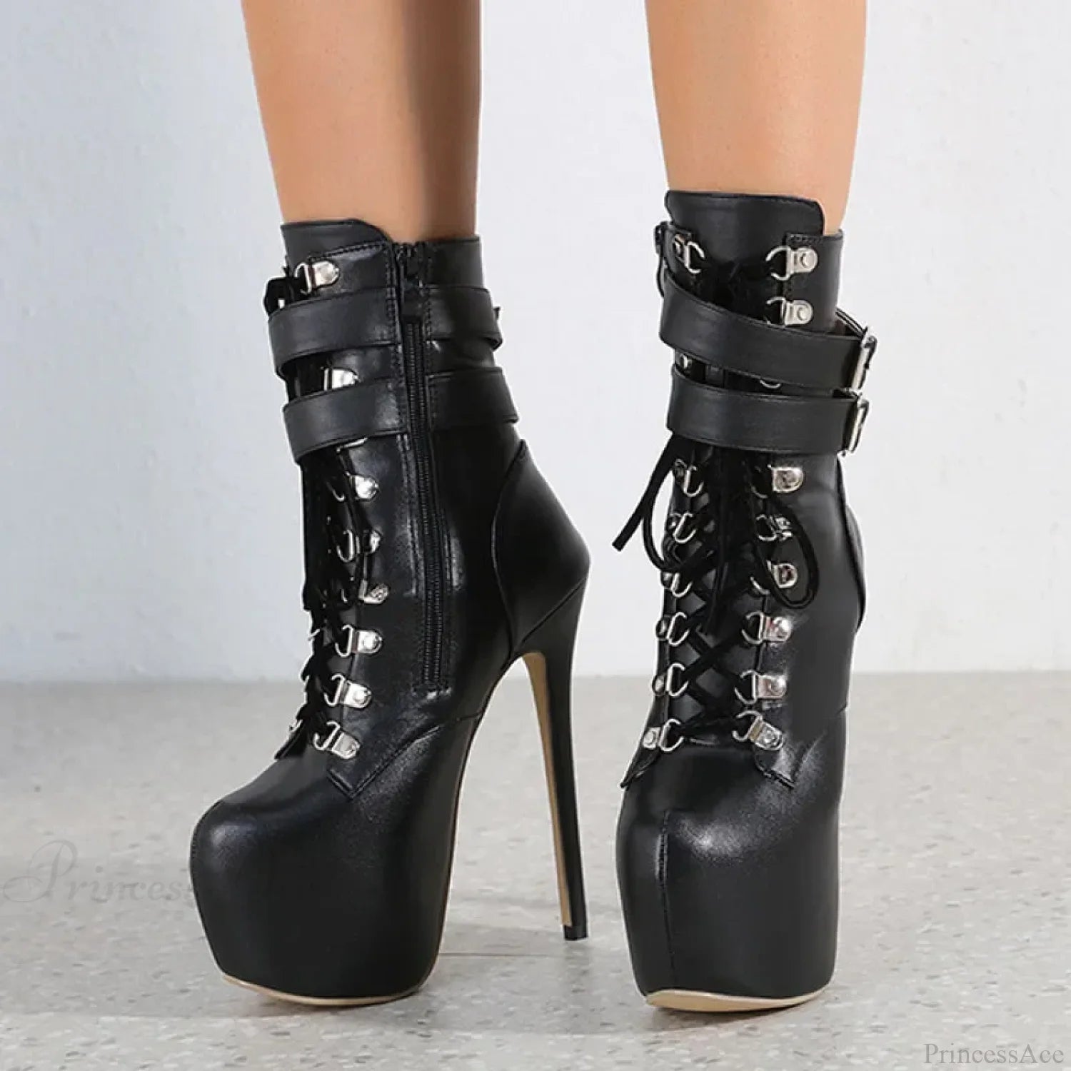 Sexy Buckle-Strap 16.5Cm Extreme High-Heels Platform Boots Round-Toe Lace-Up Party Club Stripper