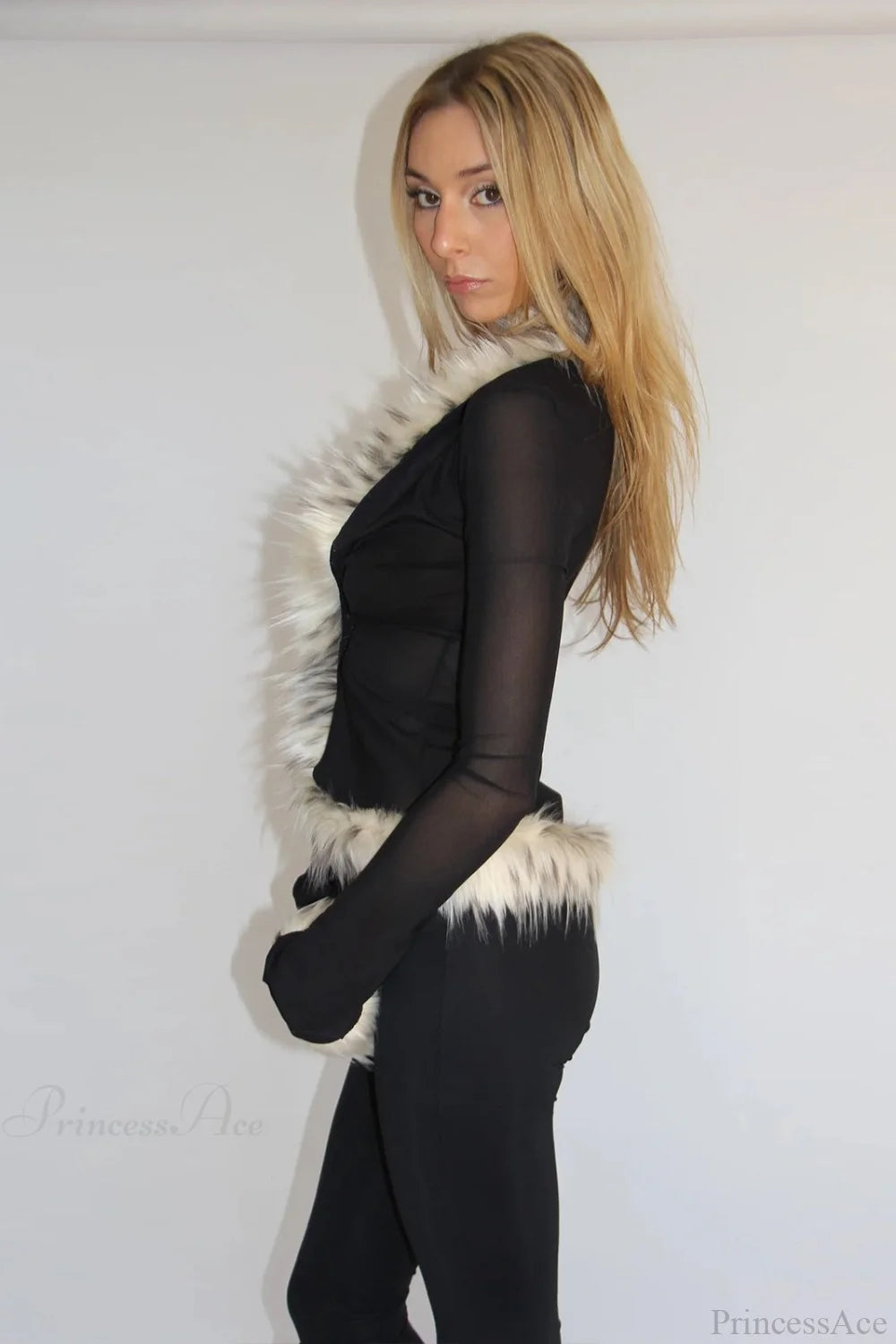 Sexy Chic Fur Collar Tulle Panel Cropped Long Sleeve Blouse