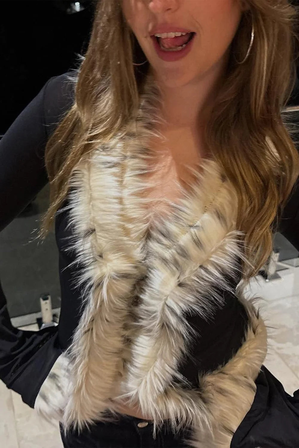 Sexy Chic Fur Collar Tulle Panel Cropped Long Sleeve Blouse