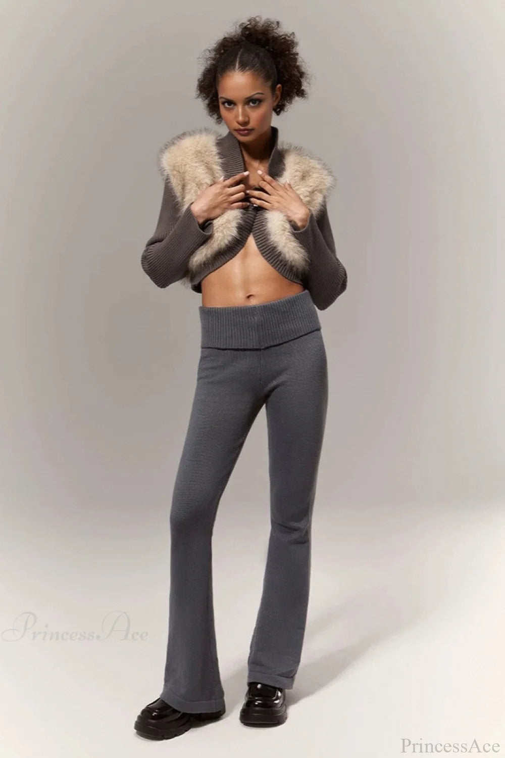 Sexy Crop Color Block Fuzzy Panel Open Front Blouse