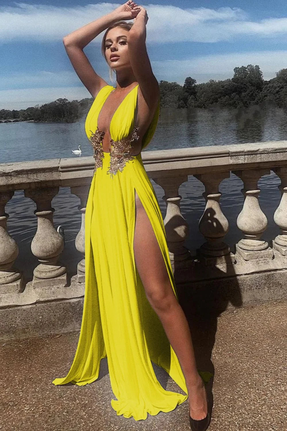 Sexy Deep V High Slit Flared Wedding Dress