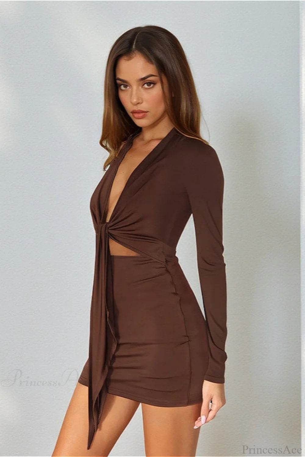 Sexy Deep V Knit Long Sleeve Hollow Out Bodycon Mini Dress