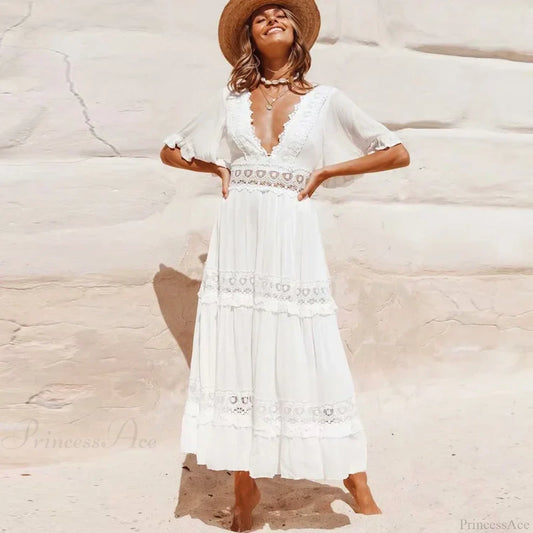 Sexy Deep V-neck Backless Cotton Lace Dress WHITE / S bohodress-250126