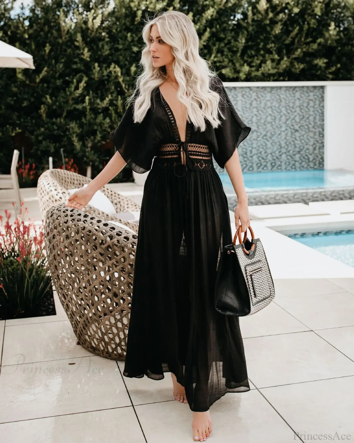 Sexy Deep V-neck White Lace Boho Kimono Bikini Cover up bohocoverup-250126