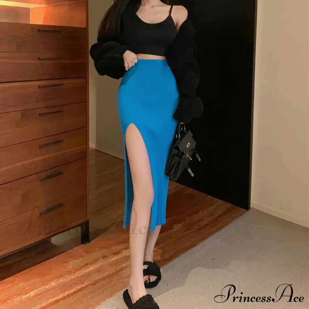 Sexy Elegant Slim Fit High-Waisted Knitted Chic Autumn Winter Midi Skirt Blue / One Size