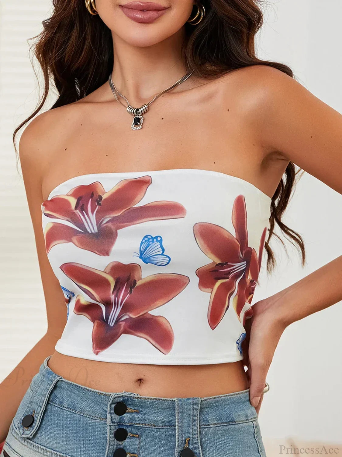 Sexy Floral Strapless Backless Crop Tank Tube Top croptop-250126