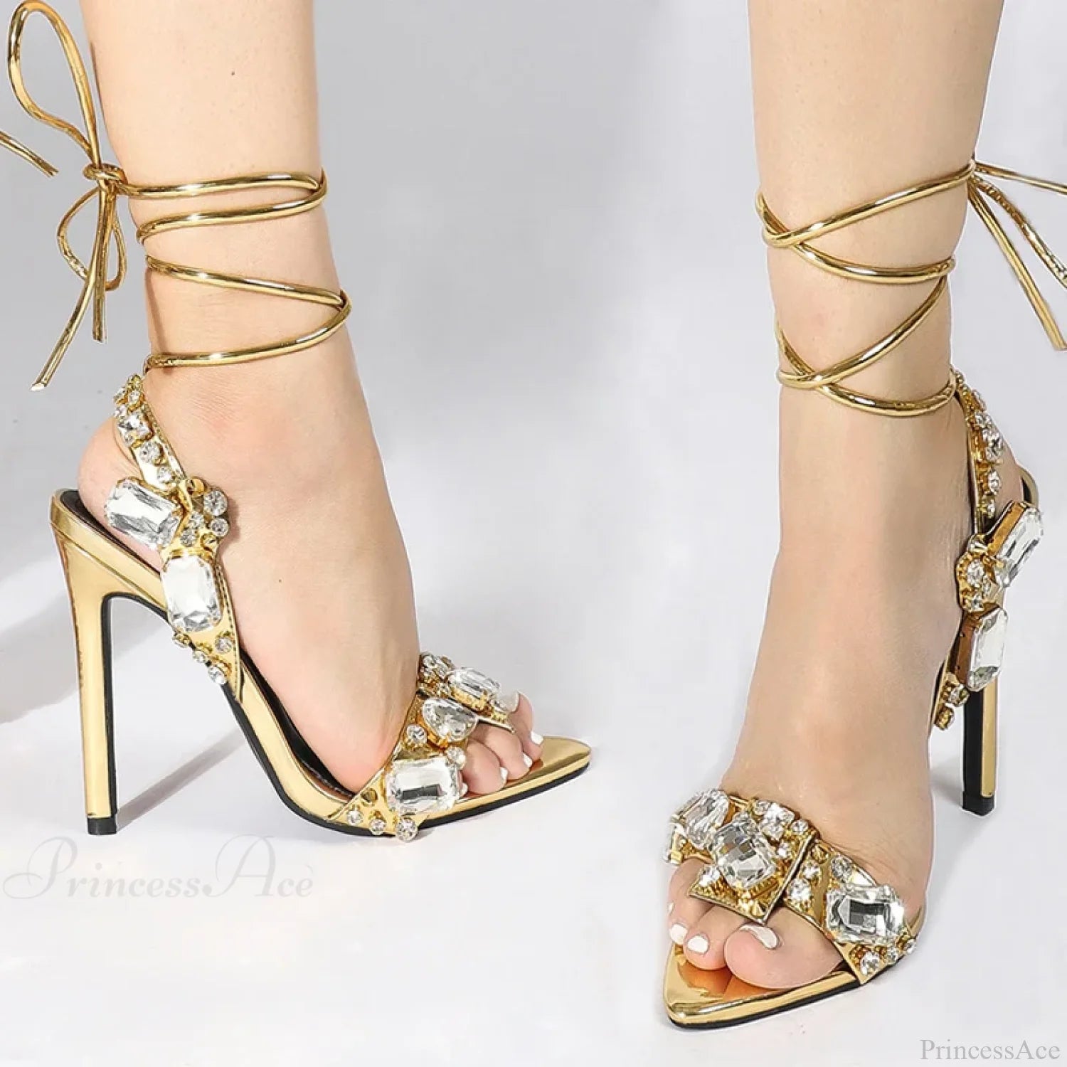 Sexy Golded Ankle-Strap Crystal Diamond Pointed-Toe Sandals Wedding Nightclub High Quality Stripper