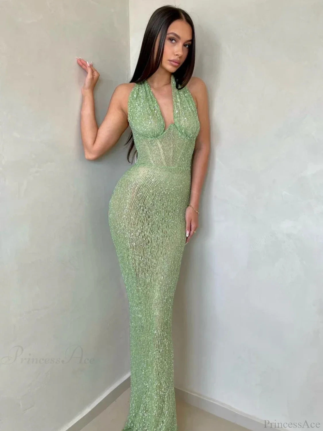 Sexy Halter Deep V Neck Sequins Green Sleeveless Backless Celebrity Christmas Party Dress Dresses-L