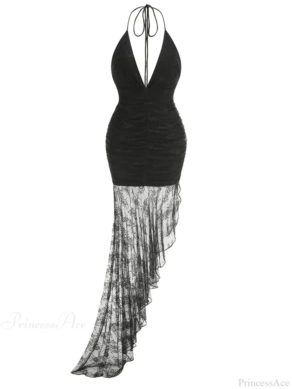 Sexy Halter Lace-Up Deep V Neck Lace Ruffles Rose Red Christmas Party Dress Black / Xs Dresses-L