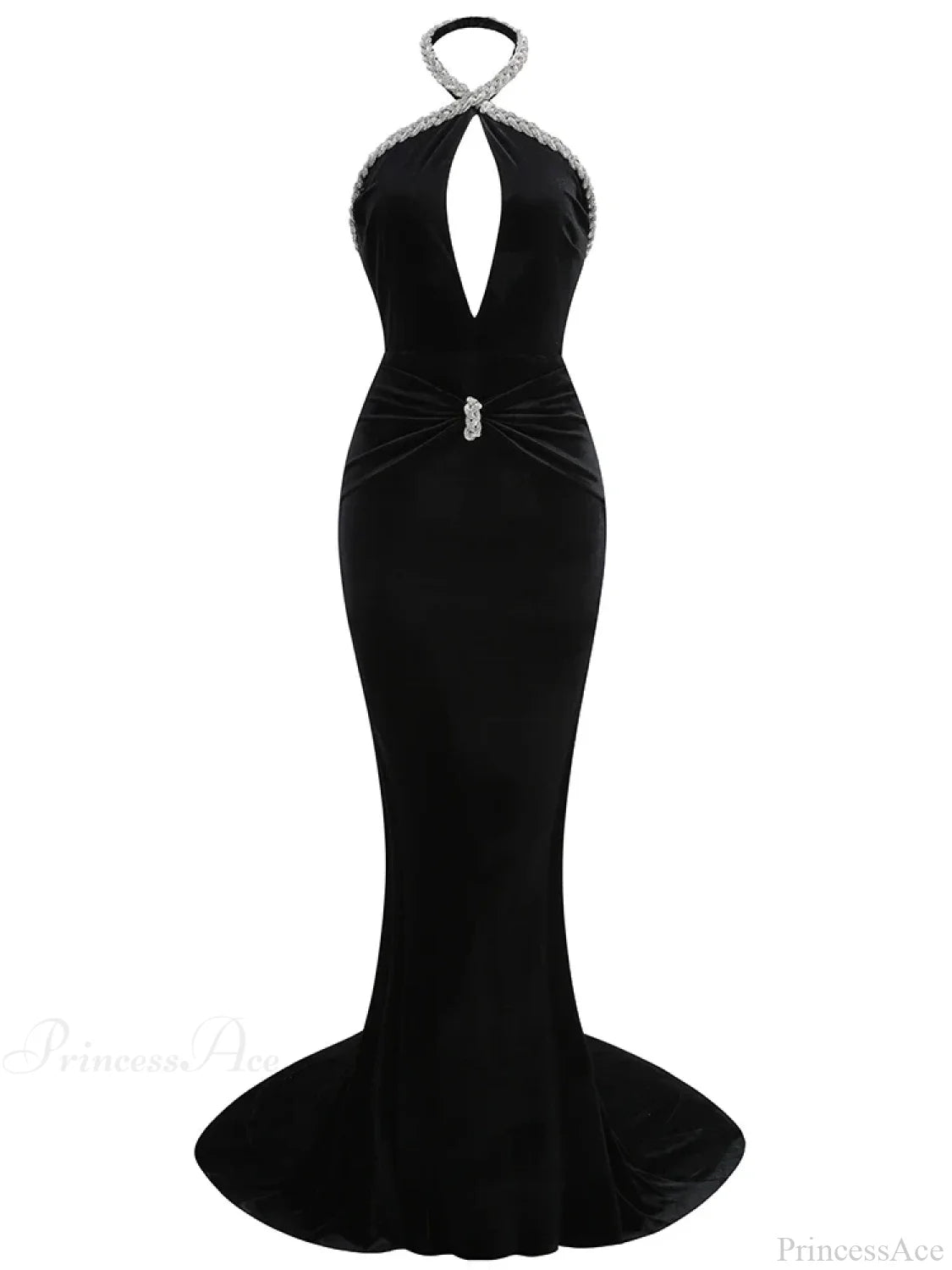 Sexy Halter Neck Diamonds Chain Hollow Out Black Velvet Sleeveless Christmas Party Dress / Xs
