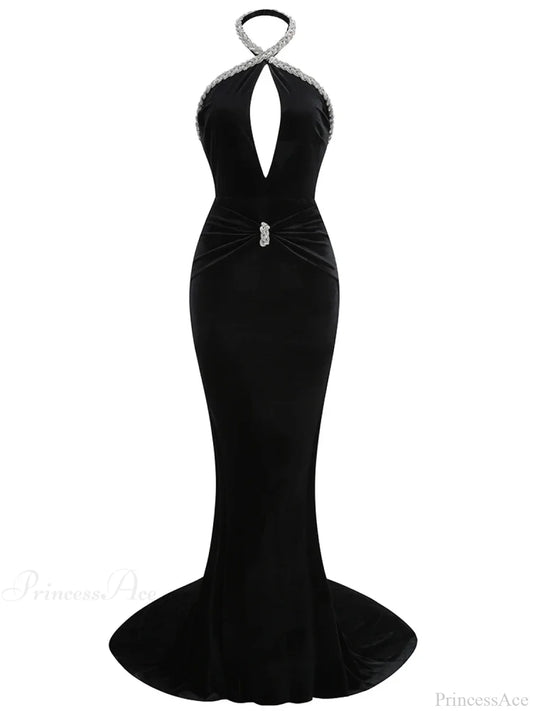 Sexy Halter Neck Diamonds Chain Hollow Out Black Velvet Sleeveless Christmas Party Dress / Xs