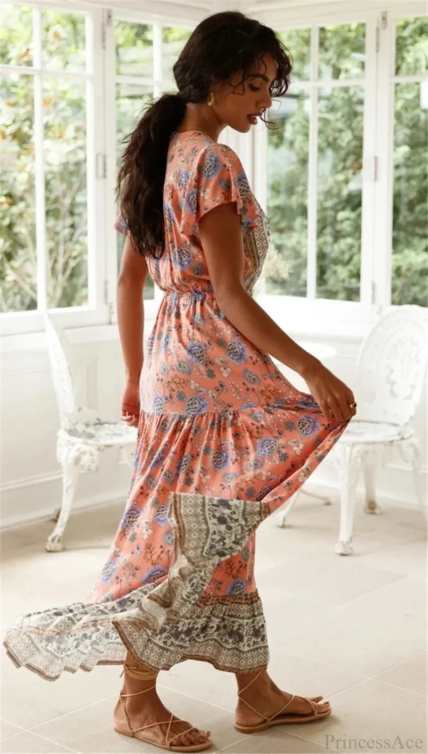 Sexy High Split Flare Sleeve Rayon Cotton Boho Dress bohodress-250126