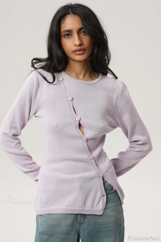 Sexy Irregular Crew Neck Long Sleeve Knit Sweater Purple / S