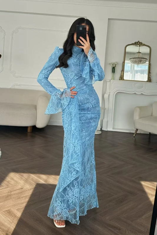 Sexy Lace Long Sleeve Bodycon Maxi Wedding Dress Blue / S