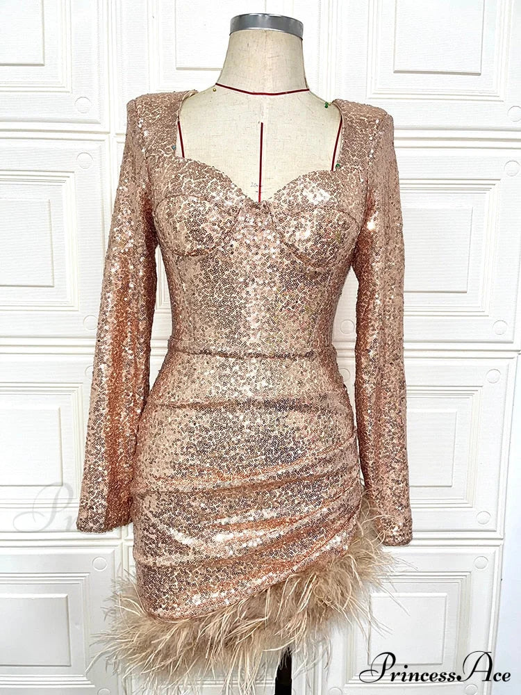 Sexy Luxury Sequins Trendy One Shoulder Mini Dress Champagne / Xs