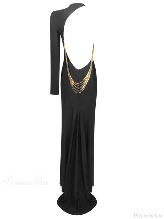 Sexy O Neck One Shoulder Backless Chain Black Long Evening Christmas Party Dress / Xs Dresses-L