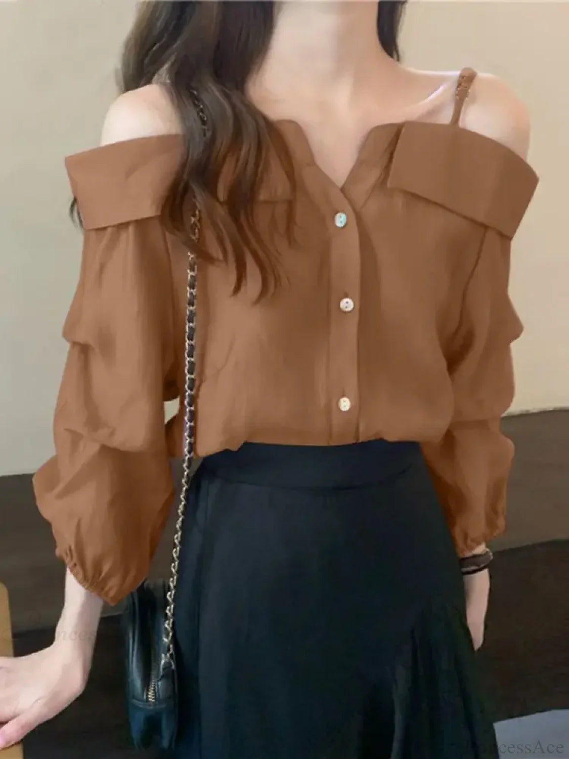 Sexy Off Shoulder Pleated Solid Blouse Khaki / S blouse-250126
