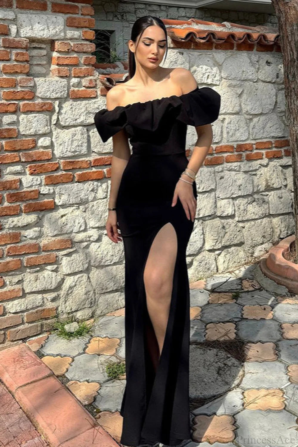 Sexy Off-Shoulder Ruffled Slit Party Dress Black / XS