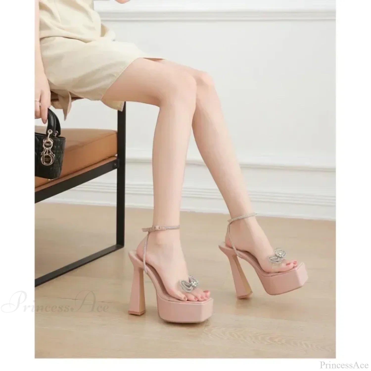 Sexy Peep Toe Platform Square Headbuckle Strap Rhinestone Butterfly-Knot 16Cm High Heels Summer