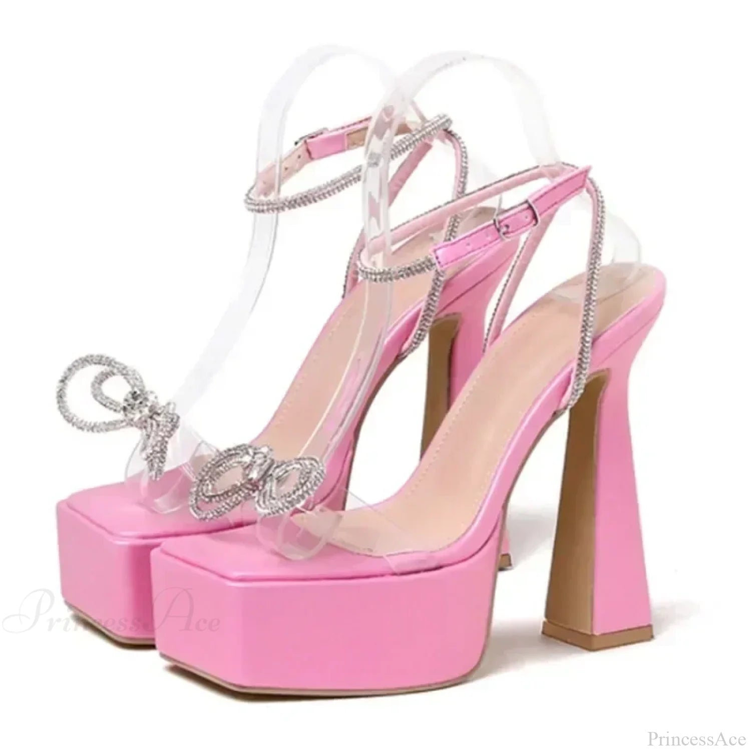 Sexy Peep Toe Platform Square Headbuckle Strap Rhinestone Butterfly-Knot 16Cm High Heels Summer