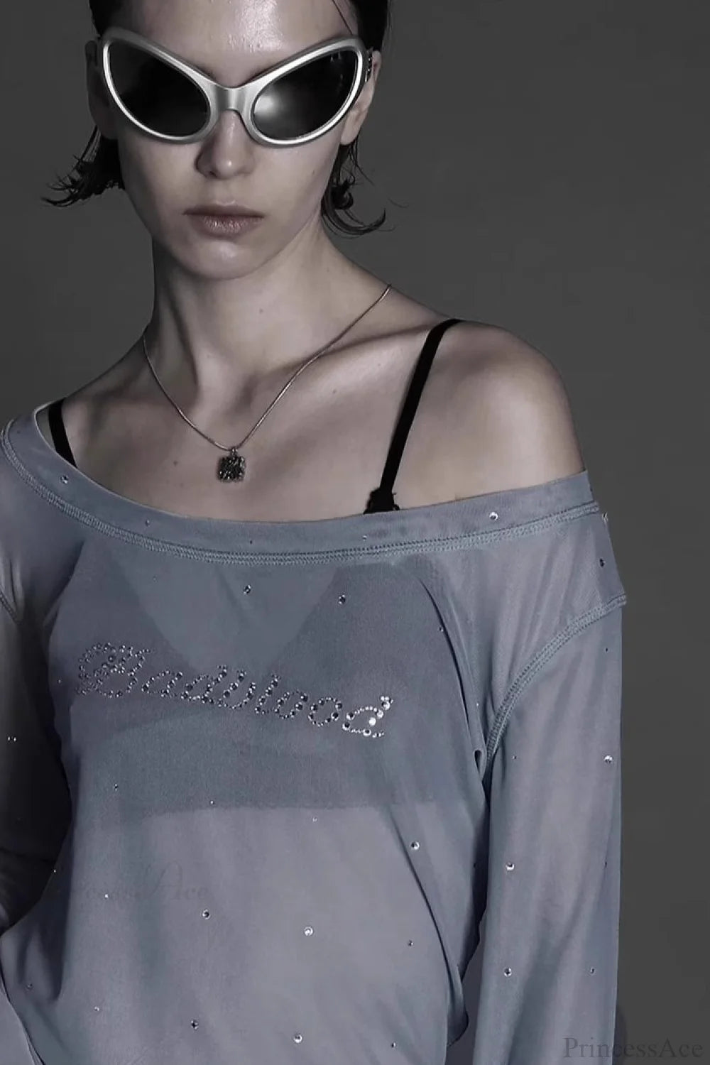 Sexy Rhinestone Embellished Off-the-Shoulder Tulle Blouse