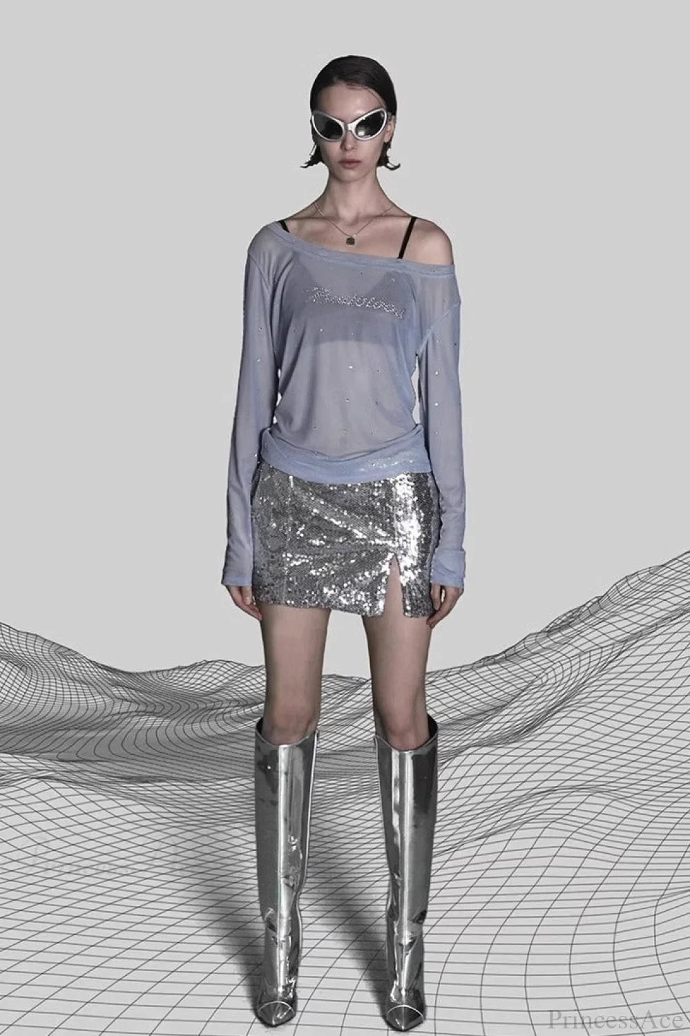 Sexy Rhinestone Embellished Off-the-Shoulder Tulle Blouse