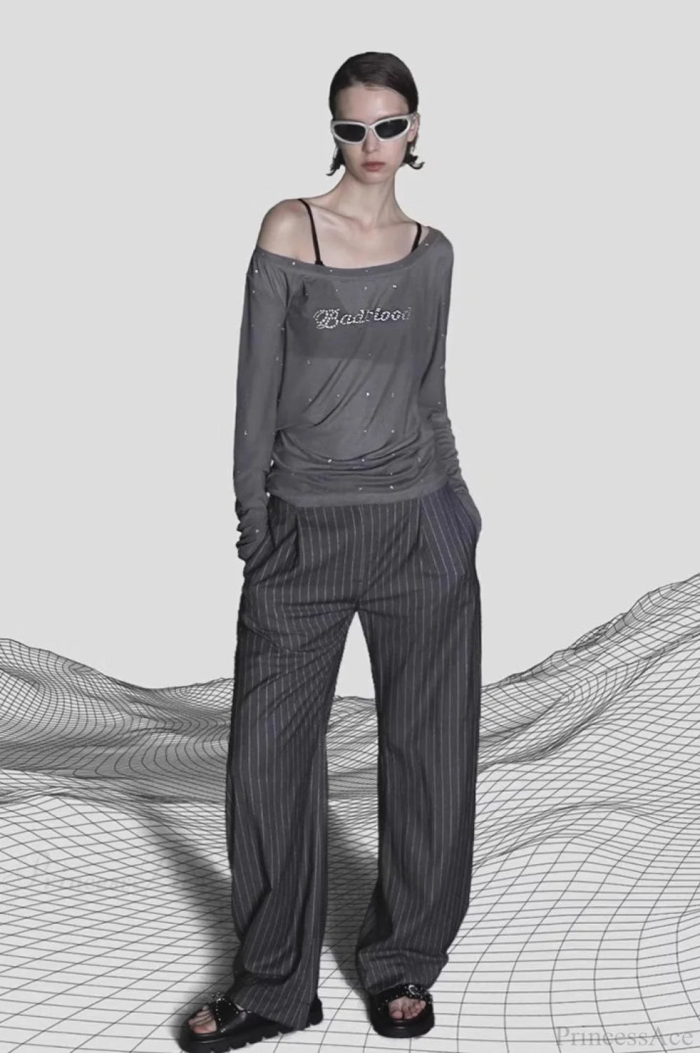 Sexy Rhinestone Embellished Off-the-Shoulder Tulle Blouse Grey / XS