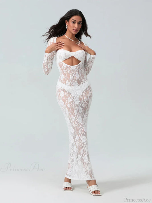 Sexy See-Through Lace Sheer Long Sleeve Beach Floral Dress WHITE / S floraldress-250126