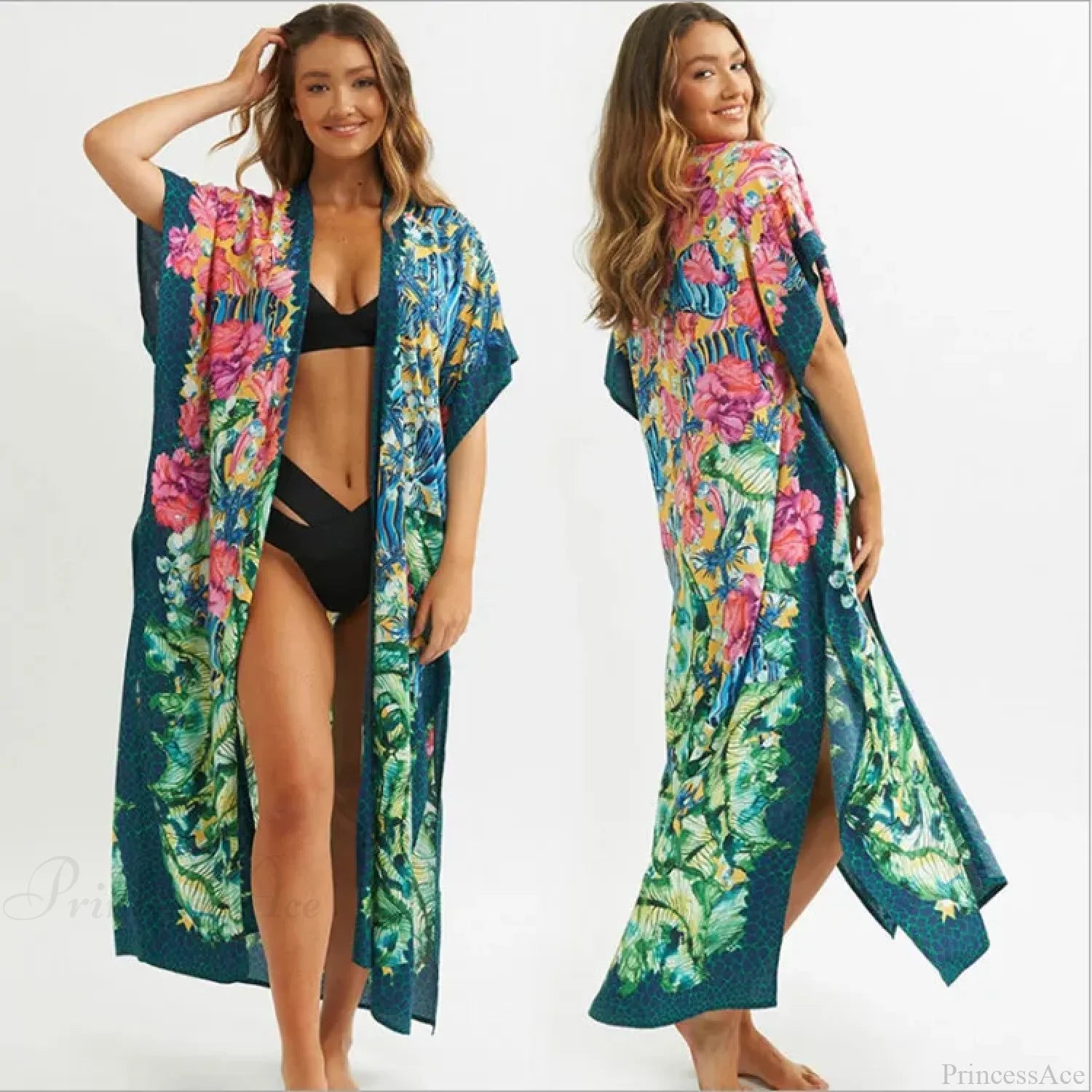 Sexy Side Split Beach Kaftan Tunic Boho Floral Print Summer Dress foral pirnt / One Size bohodress-250126