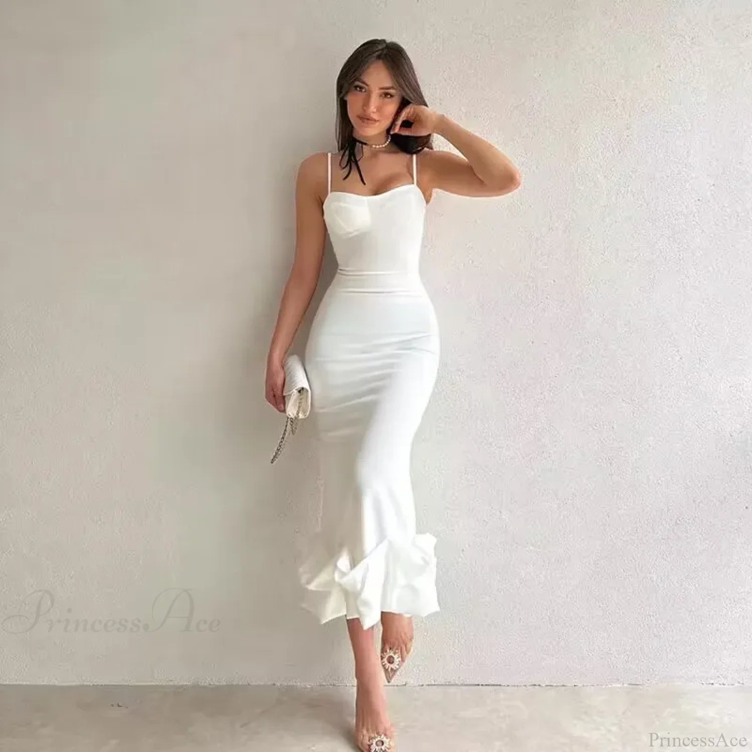 Sexy Slanted One Shoulder Modern Slim Chain Floral Maxi Dress White / S