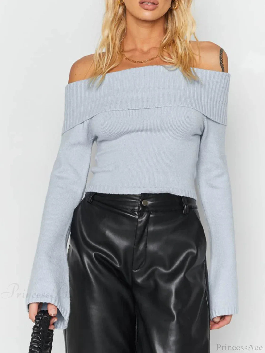 Sexy Slim Crop Off Shoulder Sweater GRAY / S