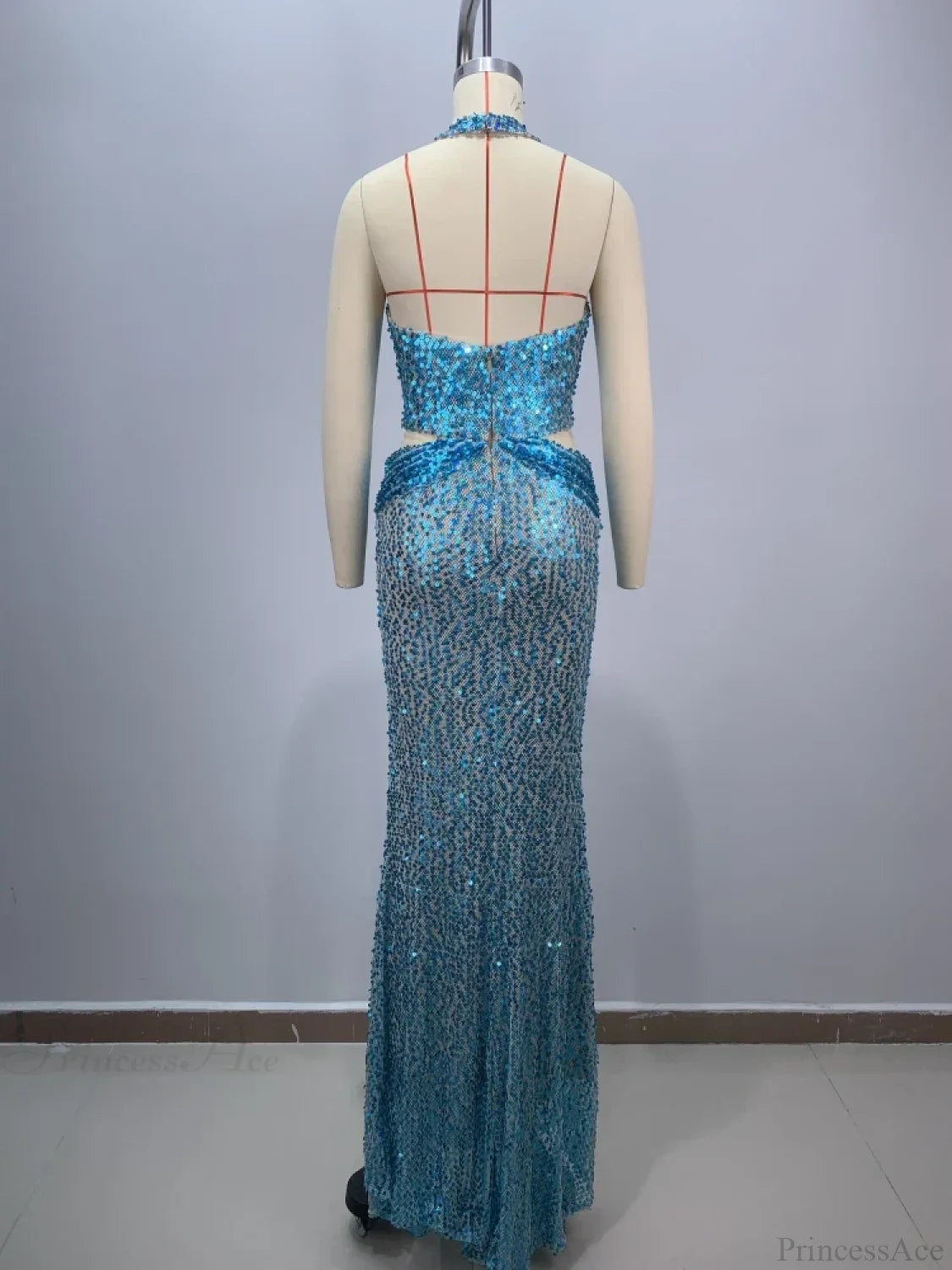 Sexy Sling Deep V-Neck Sequins Long Dress Hollow Out Slim Christmas Party Dresses-L