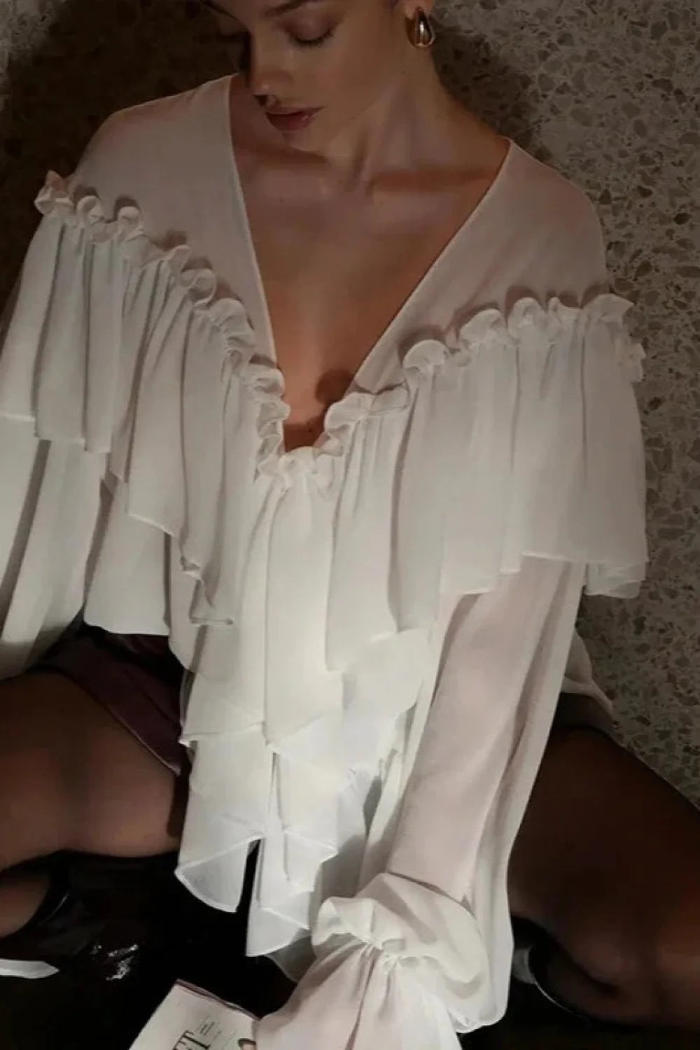 Sexy Solid Color Batwing Off-the-Shoulder Long Sleeve Blouse