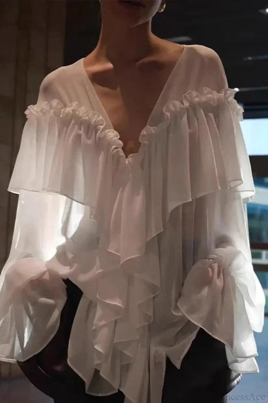 Sexy Solid Color Batwing Off-the-Shoulder Long Sleeve Blouse White / S