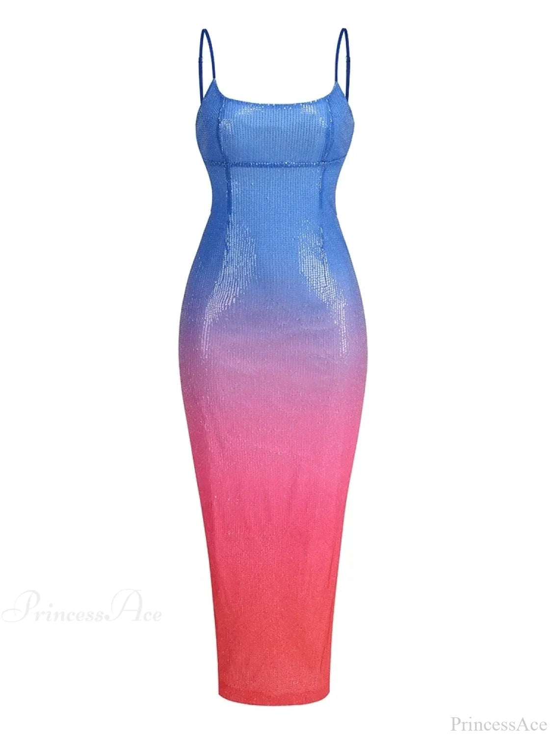 Sexy Spaghetti Strap Gradient Sequins Long Dress Sleeveless Colorful Christmas Party Blue Pink / S