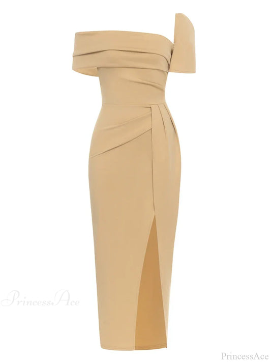 Sexy Square Collar Folds Design Long Dress Short Sleeves Christmas Party Yellow / S Dresses-L