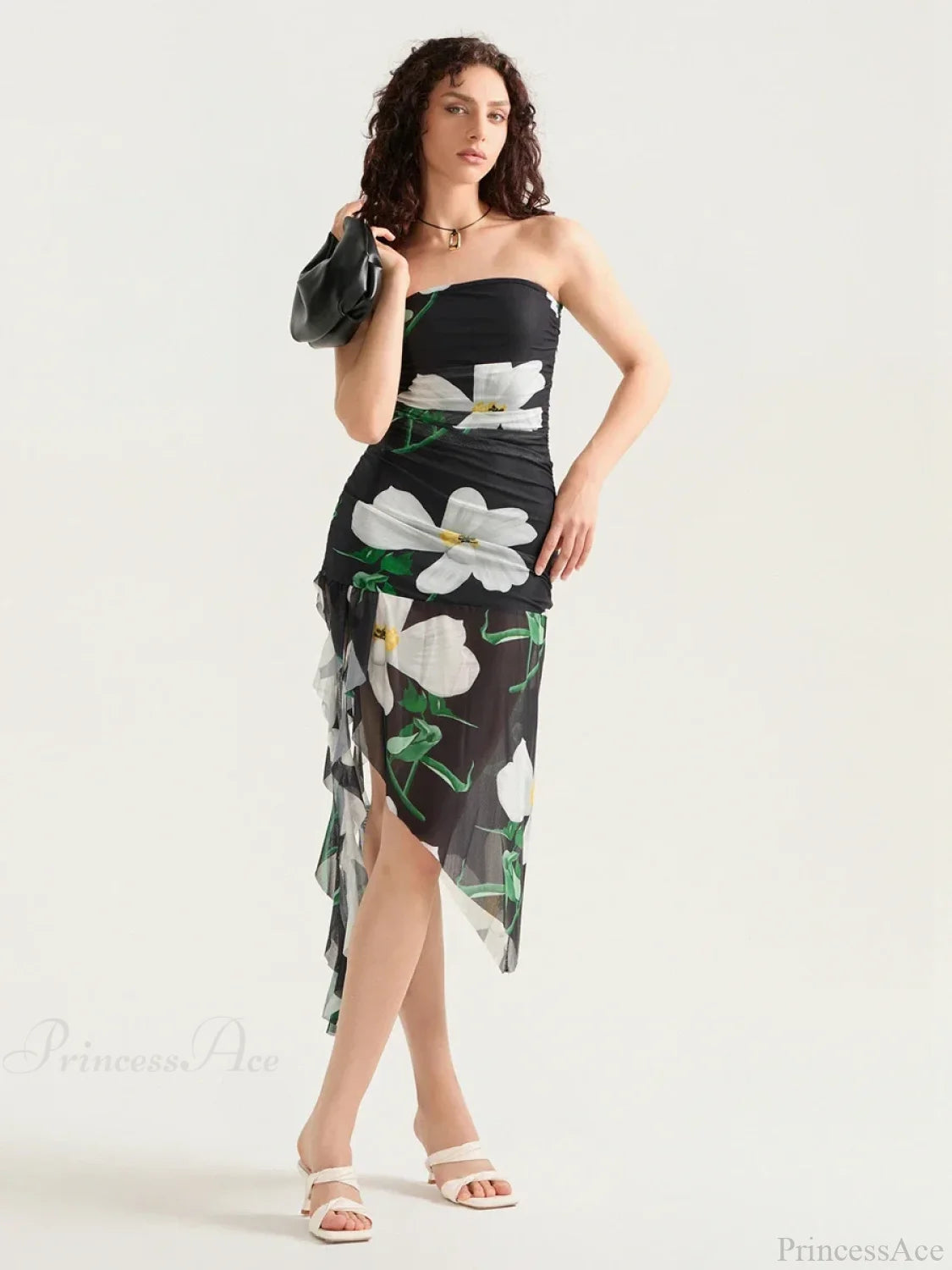 Sexy Strapless Ruffle Tassel Mini Floral Dress floraldress-250126