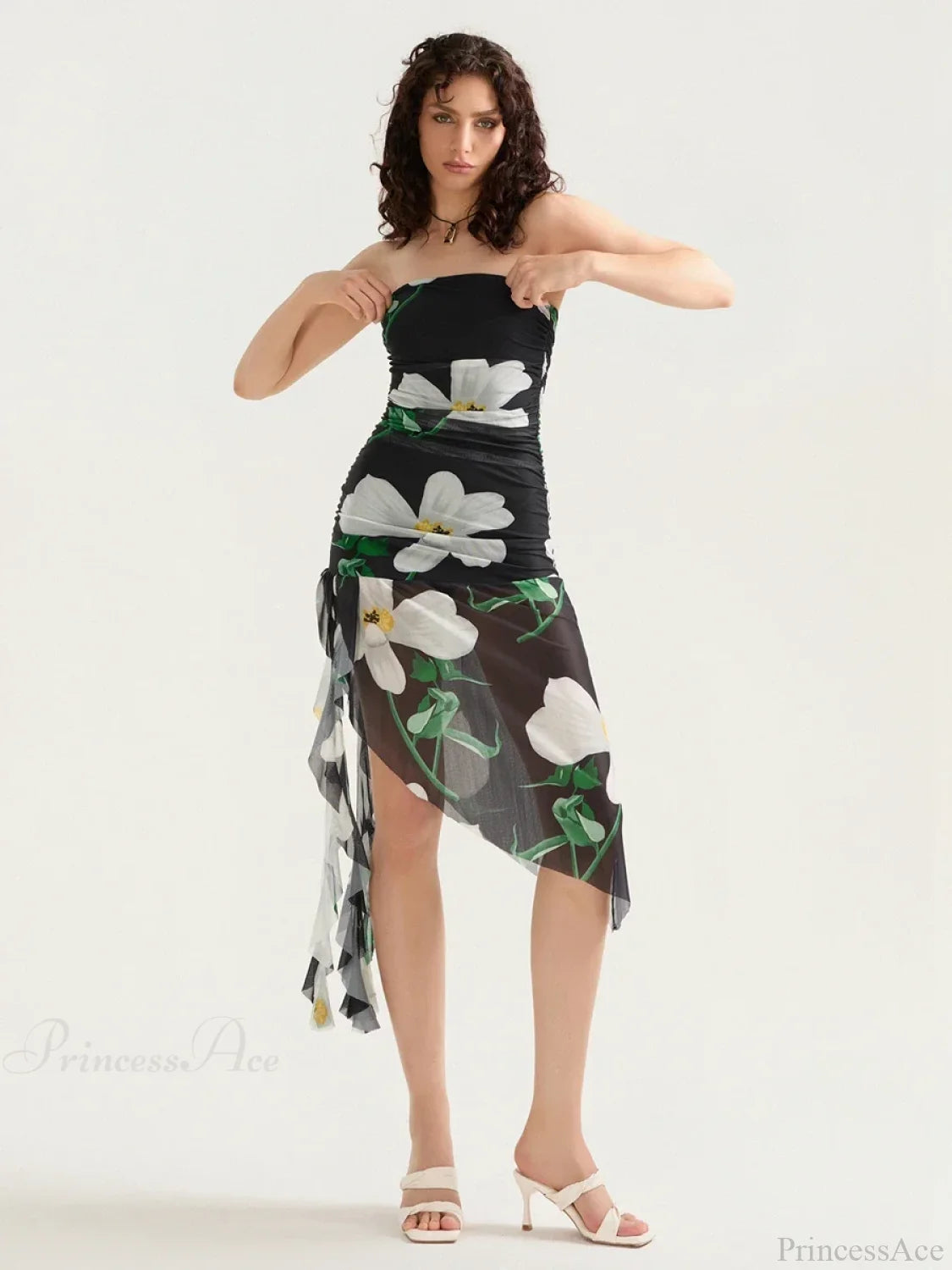 Sexy Strapless Ruffle Tassel Mini Floral Dress floraldress-250126