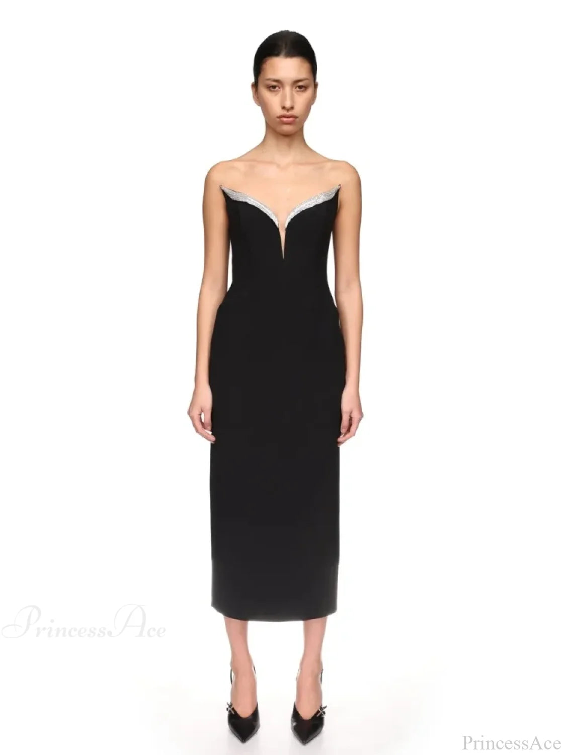 Sexy Strapless V Neck Diamonds Bandage Black Sleeveless Christmas Party Dress Dresses-L
