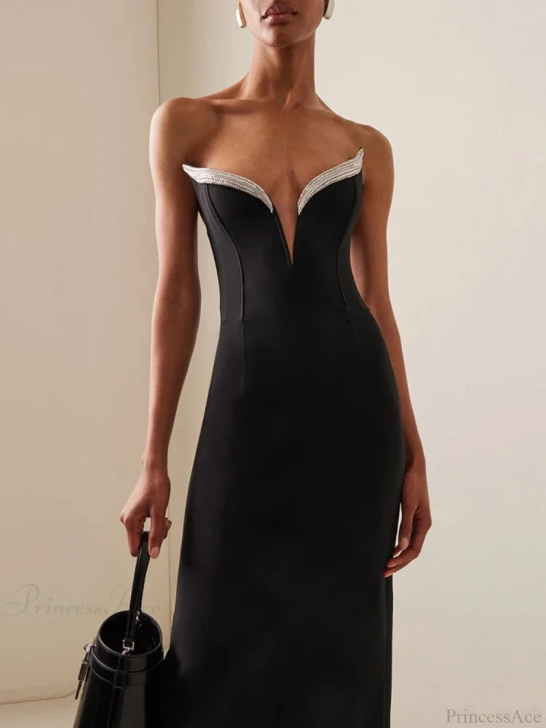 Sexy Strapless V Neck Diamonds Bandage Black Sleeveless Christmas Party Dress Dresses-L